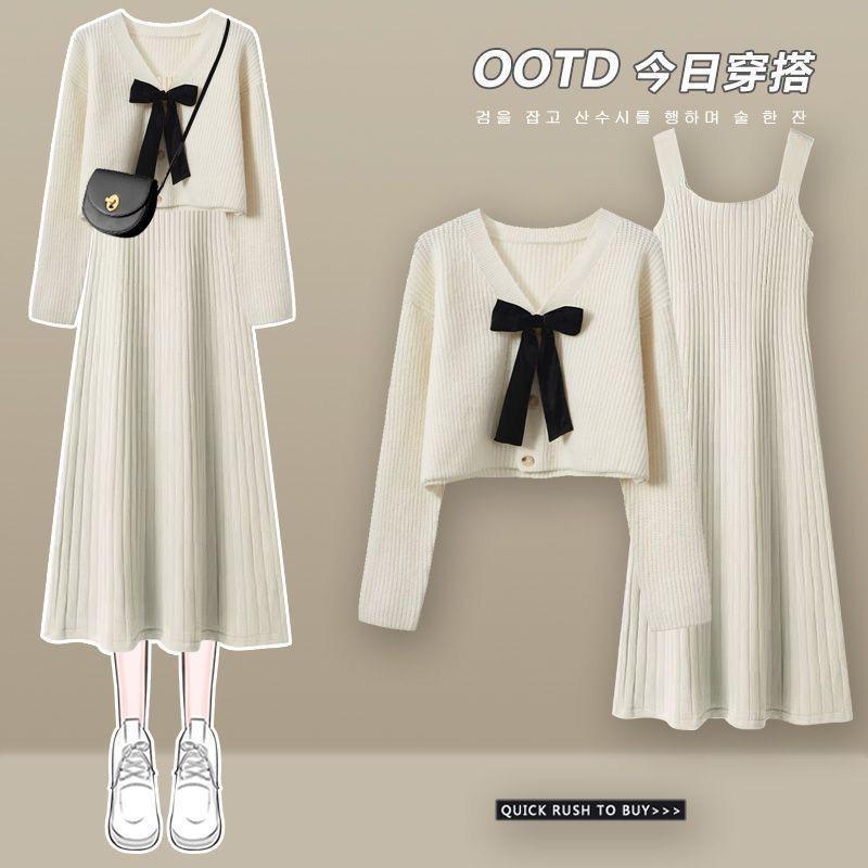 Product Introduction of Women's V-Neck Knitted Cardigan Sweater, Slim Joker Dress with Suspenders, Oversize, Autumn Suit, New, 2 Pcs, 2023 2