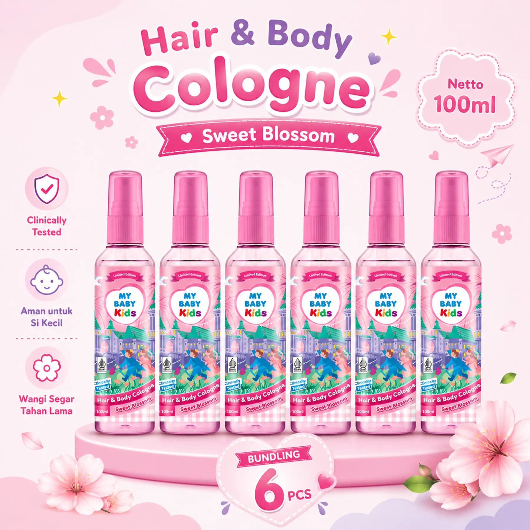 [ 6 PCS ] MY BABY Kids 2 in 1 Hair & Body Cologne Sweet Blossom 100 ml x 6 Pcs - Parfum Minyak Wangi untuk Badan dan Rambut Anak