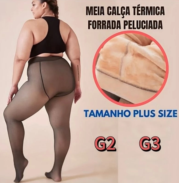 Meia-Calça Térmica Plus Size Feminina Translúcida Forrada com Pelúcia Super Elástica G2 e G3