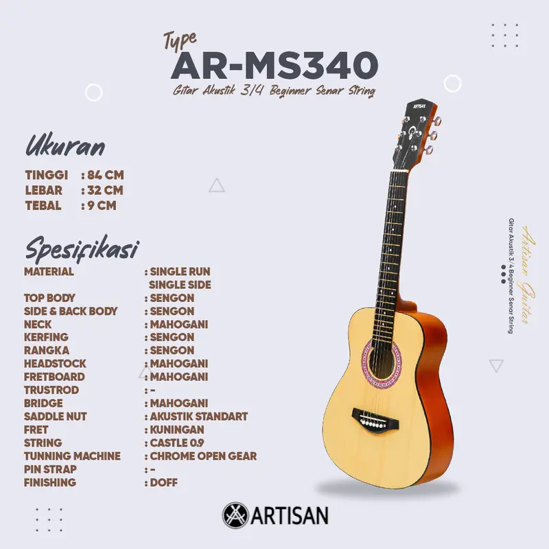 ARTISAN Gitar Akustik 3/4 Beginner AR - MS340 Senar String Guitar 2
