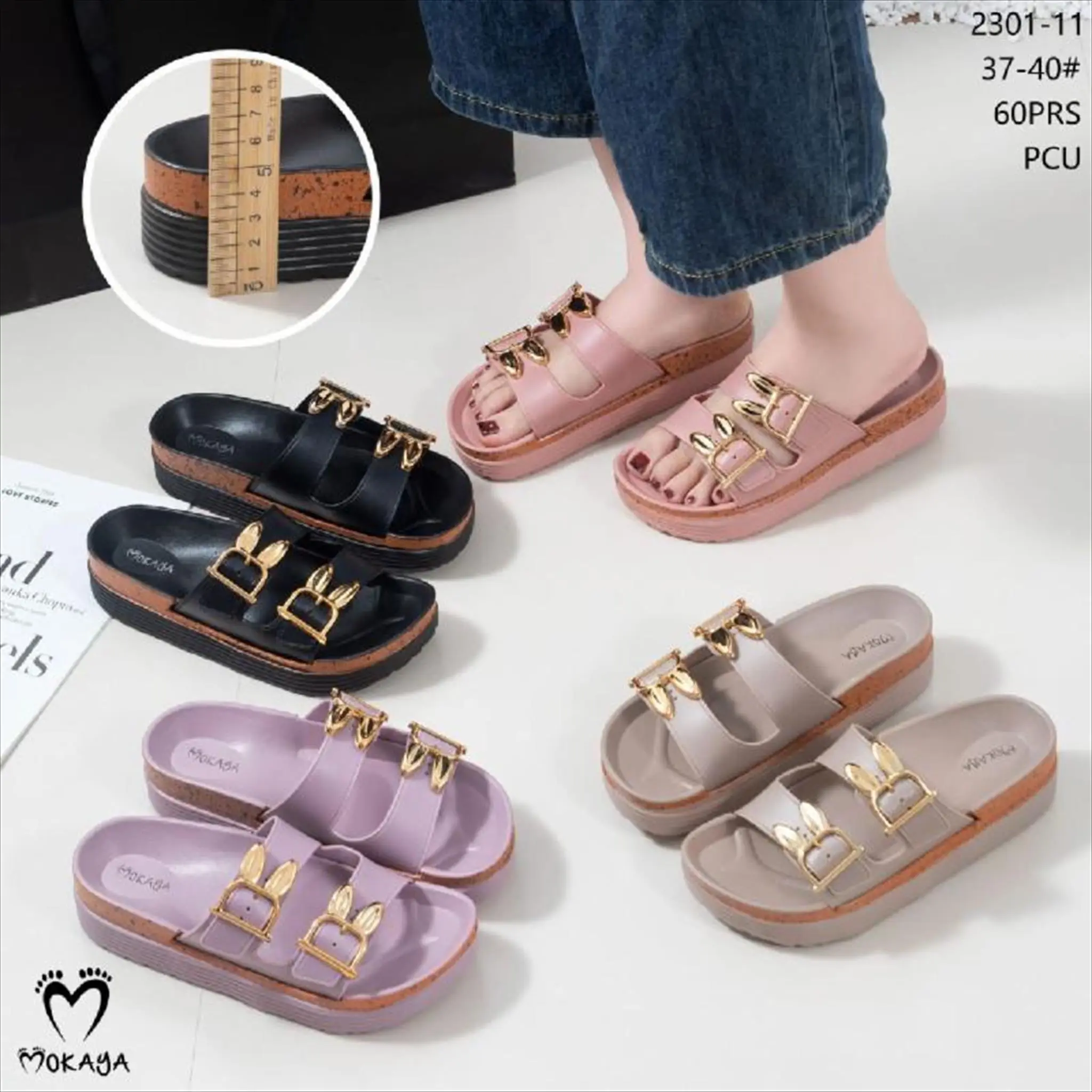 (2301-11) Sandal Slop Wedges Wanita Ban 2 Kelinci Motif Emas Sol Tebal Super Mewah Empuk Elegan Mokaya / Ukuran 37-40