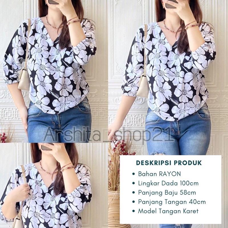 HANA [01] BLOUSE || [B01101] ATASAN WANITA TERLARIS BAHAN RAYON PREMIUM BLOUSE KEKINIAN LEHER V SIMPLE ELEGAN TANGAN 7/8 KARET MOTIF TERBARU