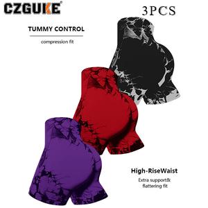 CZGUKE conjunto de 3 pzas para mujer: pantalones cortos de yoga con efecto tie-dye, mallas de ciclismo que realzan el glúteo, mallas deportivas sin costuras y de cintura alta, mallas de yoga para ejercicio