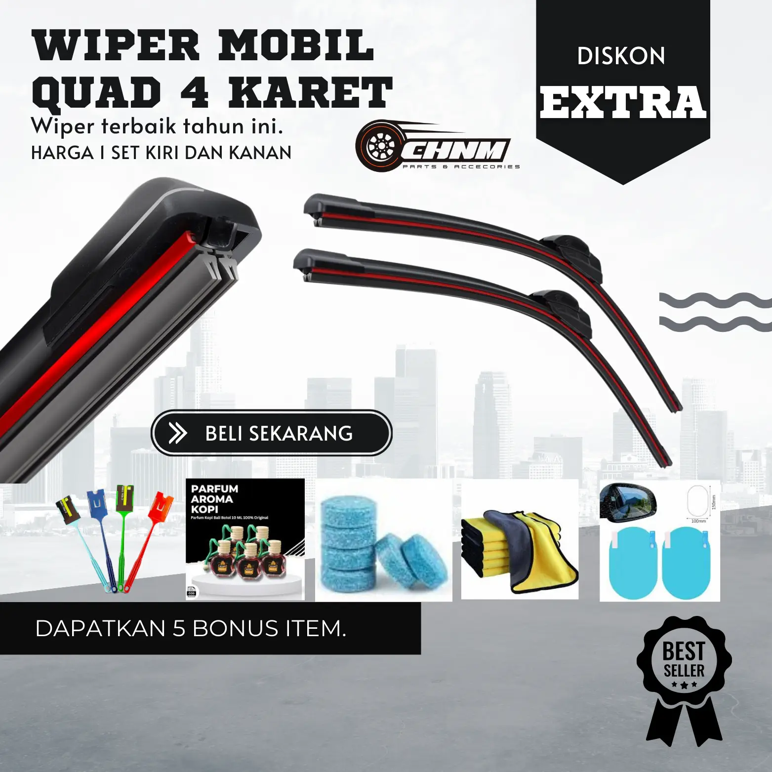 Wiper Quad 4 Karet Blade Mobil 1 Set Kiri dan Kanan Bonus 5 Item Universal Semua Jenis Mobil Karet Ganda Kaca Depan Pembersih Kendaraan