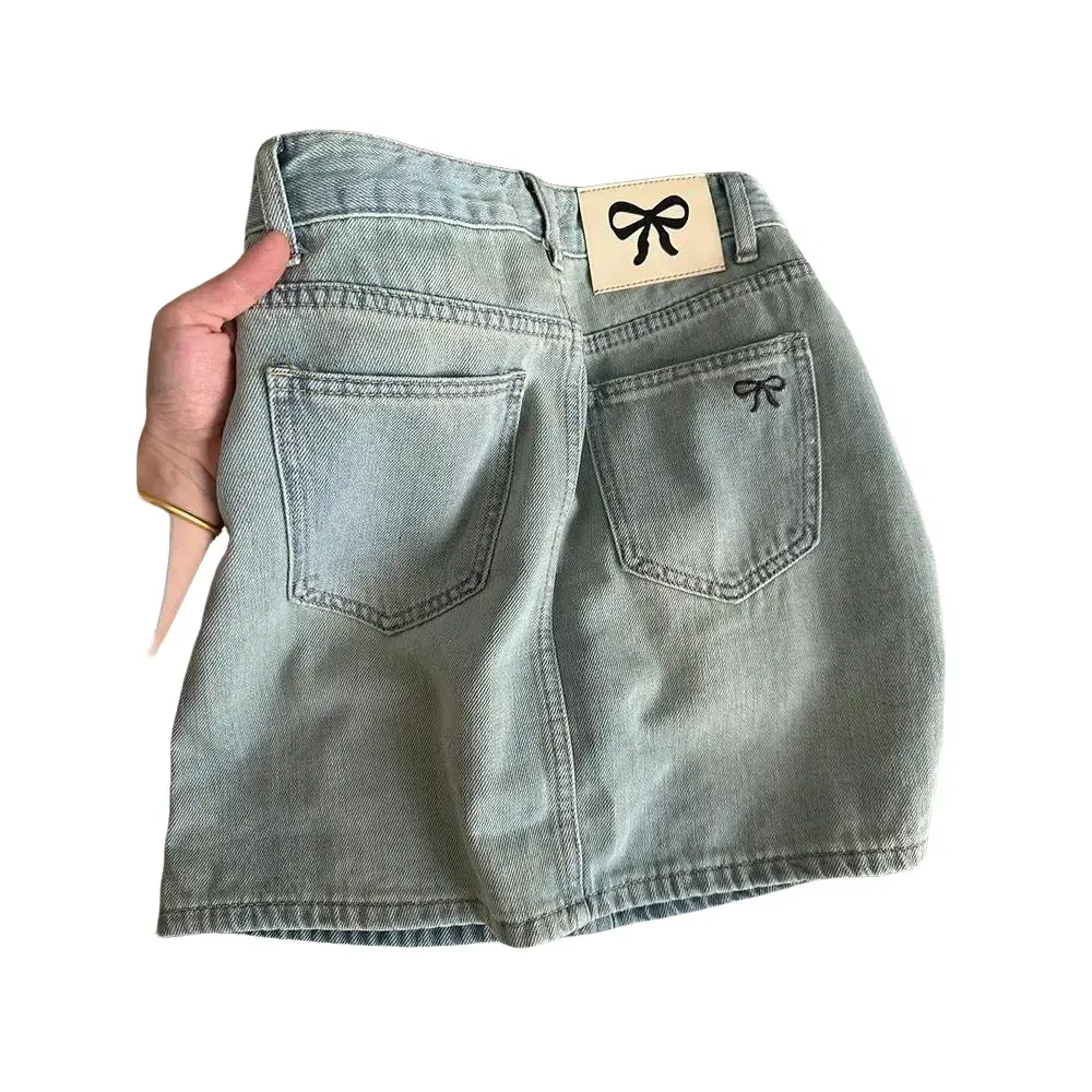 Summer hot girl American vintage Bow Embroidered denim skirt women's bag hip miniskirt A-line slimming skirt Womenswear Bottom Lingerie Lady Comfort