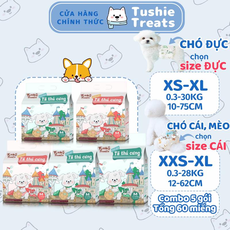 【Combo 5 gói Tã bỉm thú cưng Tushie Treats cao cấp bịch 12 miếng cho chó mèo đủ size từ XXS-XL 0.5-30kg