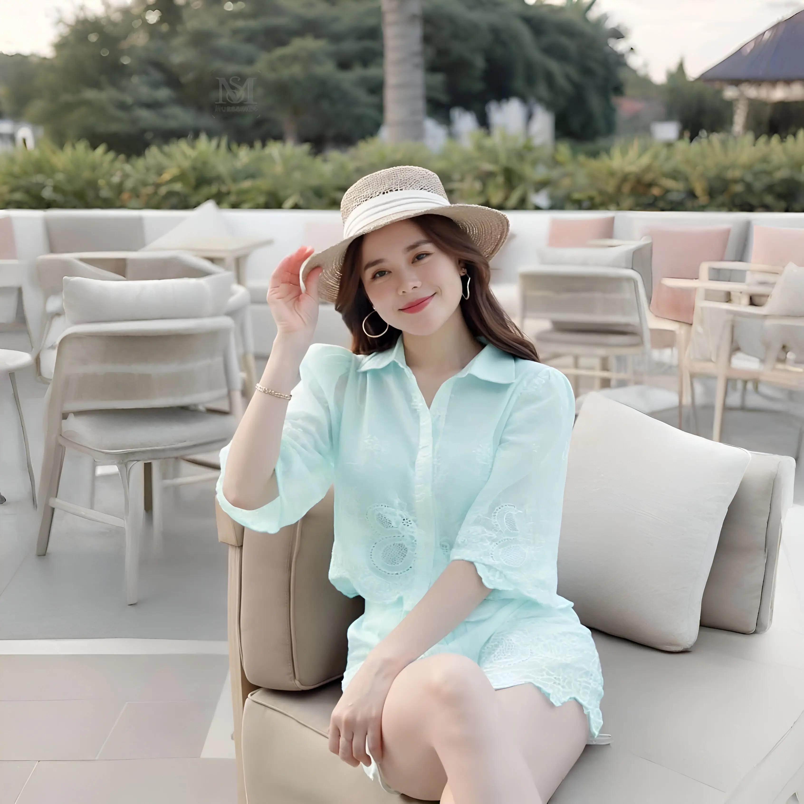 Set bộ cotton thêu thời trang kiểu dáng thanh lịch xinh xắn Nữ Top Trắng Women Áo Nhung Voi
