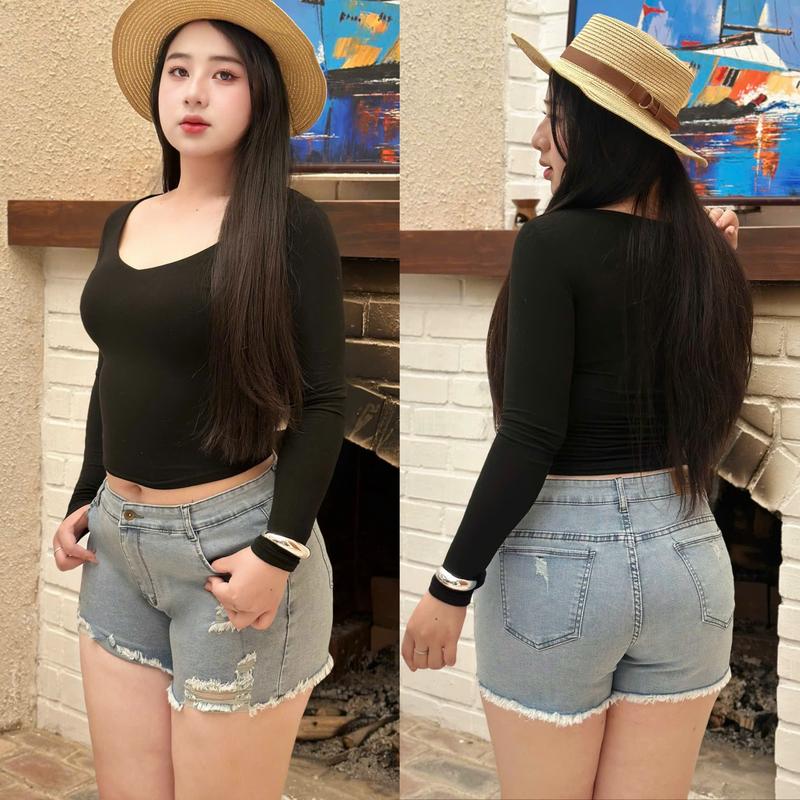 Quần Short Jean BigSize Lưng Cao Trên Rốn Co Dãn Mạnh Tua Lai 3451 4344 60kg-90kg Nữ Denim Pants Nữ Denim Women quần jean đùi Tua Rua Kem