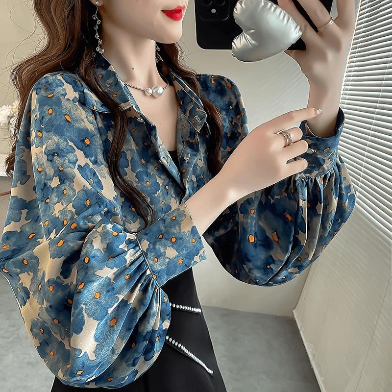 Áo Voan Dài Tay In Hoa, Dành Cho Nữ, Phong Cách Thường Ngày Mùa Hè, Dáng Rộng Vừa Vặn, Ve Áo, Tay Phồng Áo, Áo Cổ Điển Dễ Phối Đồ, Thời Trang, Quần Áo Nữ, Hàng Mới Về