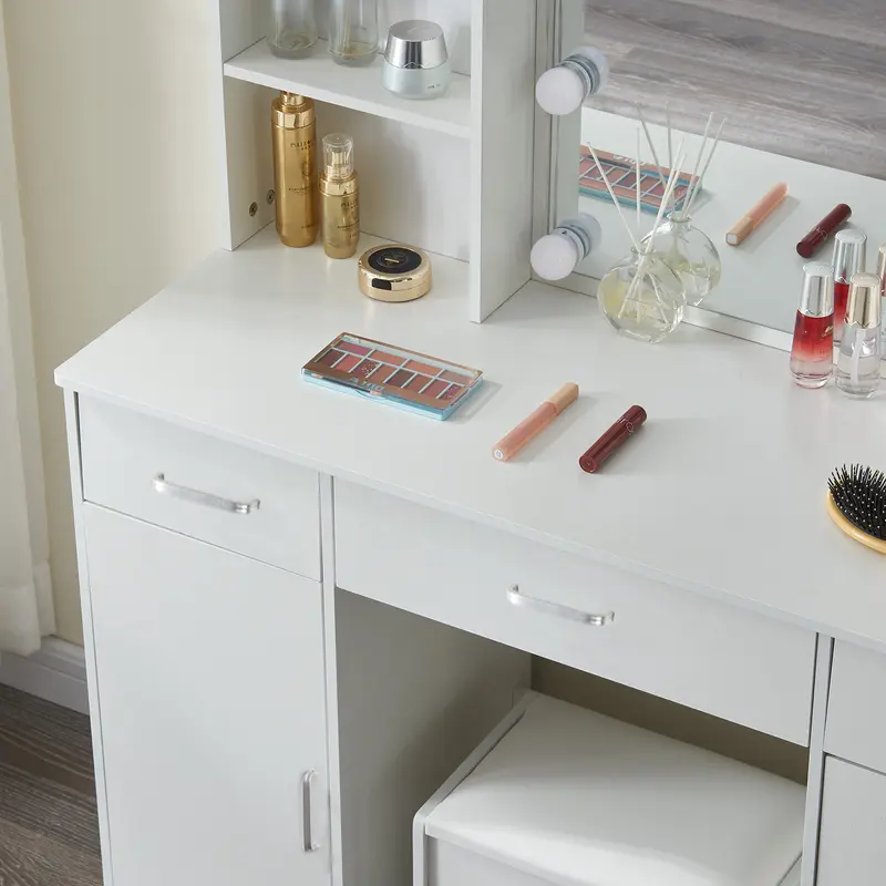 White Dressing Table with Adjustable LED Lights Mirror 3 Color Temperatures Vanity Desk with 3 Drawers and 2 Cabinets Large Makeup Desk Bedroom Dresser 7