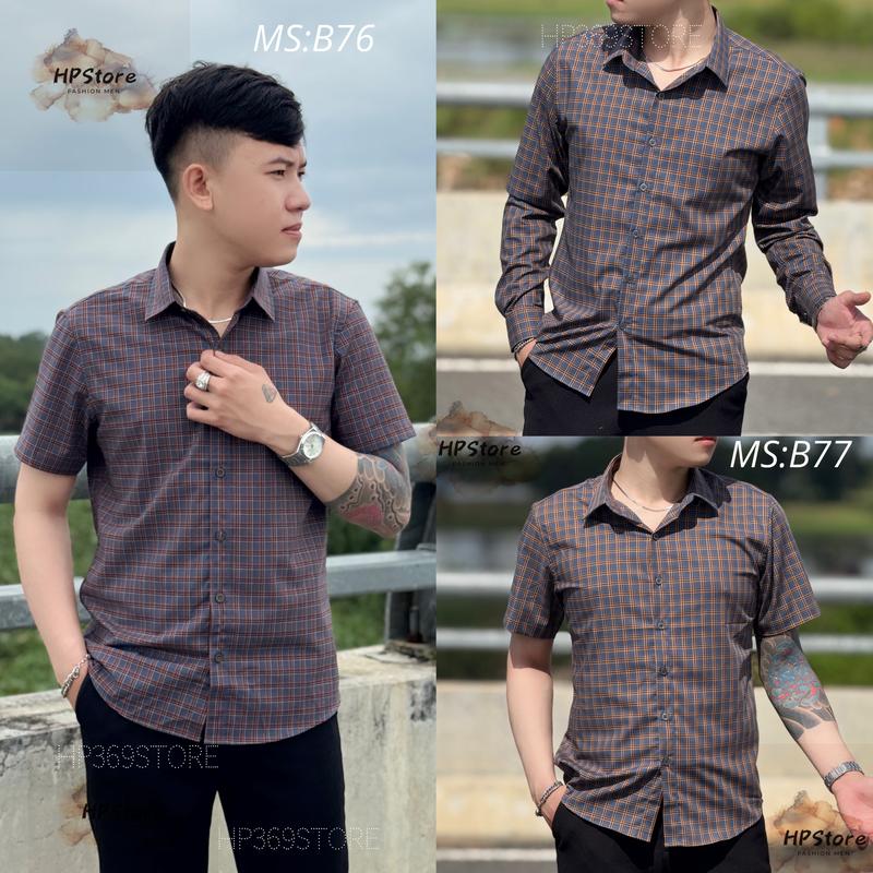 Áo Sơ Mi Caro Ngắn Tay Dài Tay Xám Đậm Caro Cam Sọc Trắng Vải Cotton Mềm Mịn Nam Menswear Shirt