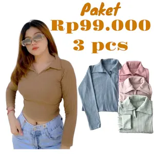 Paket Murah 3 pcs Atasan Crop Top Long Sleeve V Rajut Knit Hornet Kaos Lengan Panjang Wanita Kekinian Cardigan Baju Oversize Soft