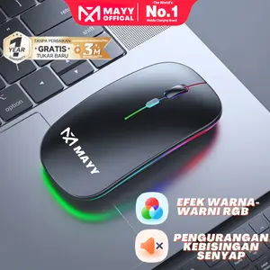 MAYY Mouse wireless gaming+bluetooth  silent click rechargeable laptop pc RGB slim 2.4Ghz 1600DPI LED Backlit Isi Ulang-Matte hitam