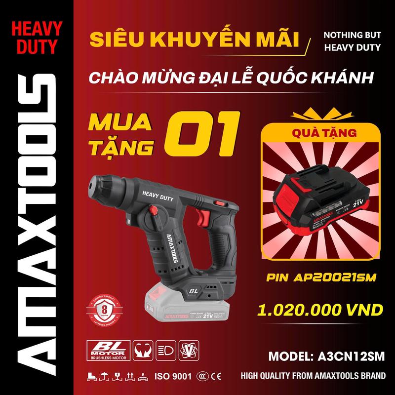 Máy khoan bê tông dùng pin AmaxTools A3CN12SM – 21V, lực đập mạnh 1.7J, động cơ không chổi than BL - MÁY XÂY DỰNG HỒNG NHIÊN - khoan pin