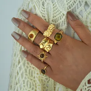 【TANRVAID】Cincin Terbuka Batu Mata Amber Emas untuk Wanita, Cincin Jari Telunjuk Bergaya Retro Mewah Ringan