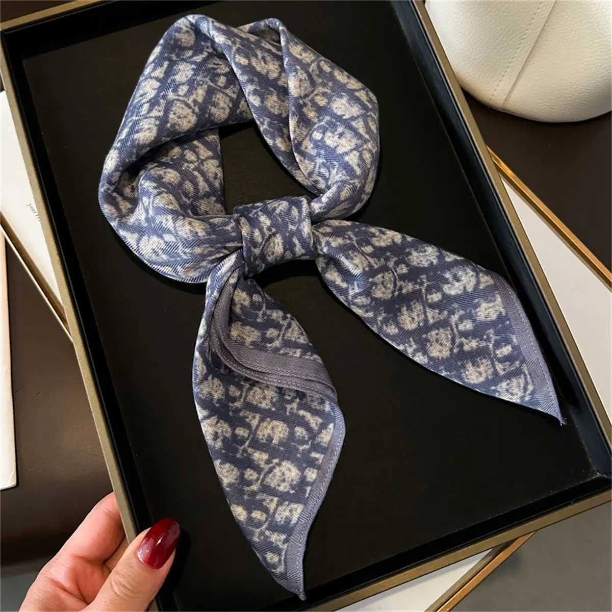 Neck scarf, French luxury style, collared, cotton and linen material, thin scarf, fashion, versatile, velvet feel, Ladies' exquisite scarf, small-sized scarf,suitable for women scarf, 65*65cm
