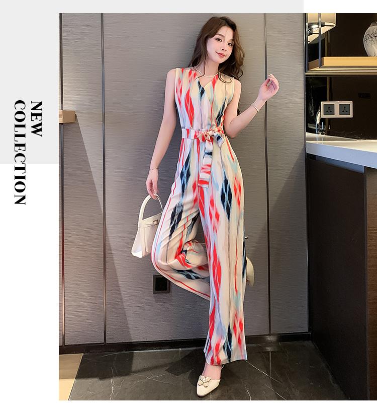 Product Introduction of Áo Jumpsuit Quần Đi Kỳ Nghỉ Và Văn Phòng, Hàng Mới Về, Phong Cách Hàn Quốc, Thời Trang, Thanh Lịch, Vải Voan In Hình, Không Tay, Cạp Cao, Mỏng Vừa Vặn, Có Thắt Lưng, Quần Ống Rộng, Bộ Nữ, Hợp Xu hướng, Thích Hợp Cho Mùa Hè Voi Kem set a 13