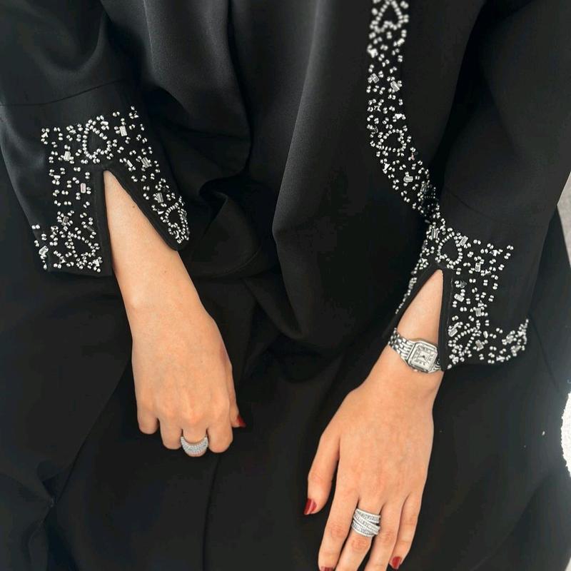 Abaya Syarifah Jasmine Hitam Full Furing by Ghanim Modesty -  Simple Gamis dengan Payet Tanam Mutiara - Muslim 1