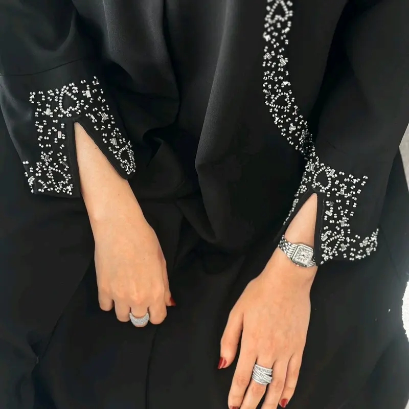 Abaya Syarifah Jasmine Hitam Full Furing by Ghanim Modesty -  Simple Gamis dengan Payet Tanam Mutiara - Muslim 1
