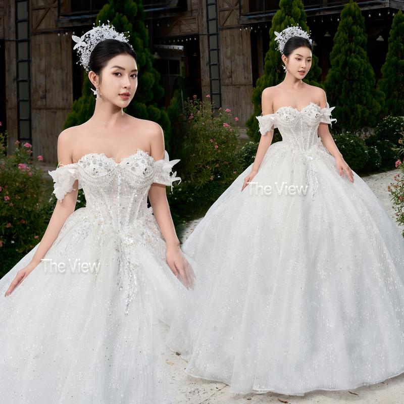   Tặng Tùng  Váy cưới đứng cổng ling bling tùng váy cho trắng Bling lấp lánh đón khách làm tiệc chính lễ cưới from áo trễ vai xiếc eo V đính đá 381 