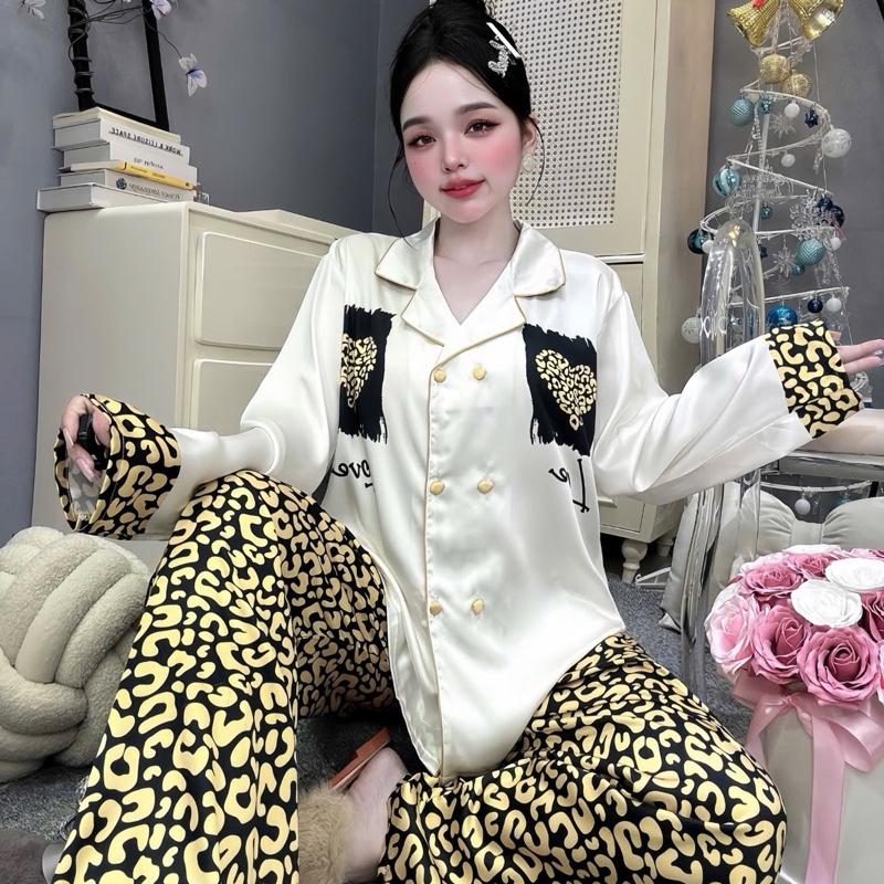 Đồ bộ pijama chất liệu lụa latin in hoạ tiết phối áo trắng quần beo vàng sang trọng tay ngắn tay dài có bigsize 90kg