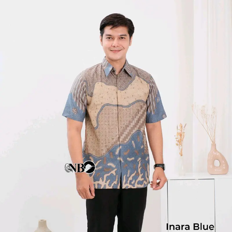 Kemeja Batik Pria Lengan Pendek Biru Katun Seragam Hem Atasan Motif Kancing Baju Navy - Size M L XL XXL - Panjang, Kerja 5