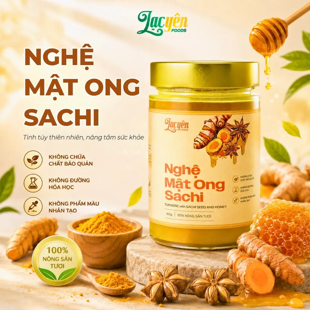 Nghệ Mật Ong Sachi Lạc Yên Foods - Đạt Chứng Nhận ISO 22000, Vị Thơm Dịu Dễ Uống, Không Chất Bảo Quản, Đường Hóa Học, An Toàn Dành Cho Nhiều Đối Tượng