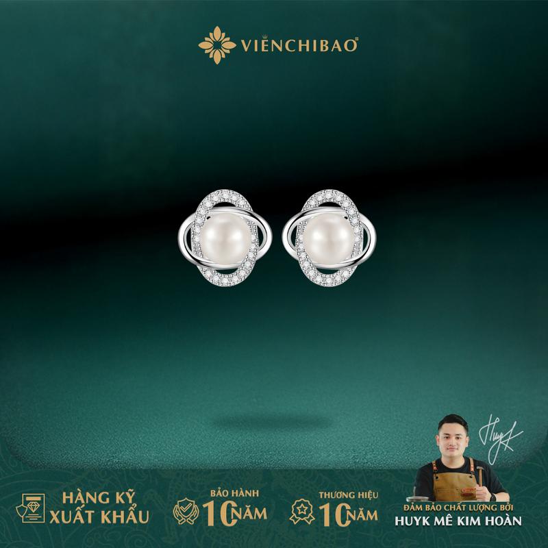 HuyK Viễn Chí Bảo - Bông tai bạc nữ hoa trái châu viền đá bạc 925 - B400889