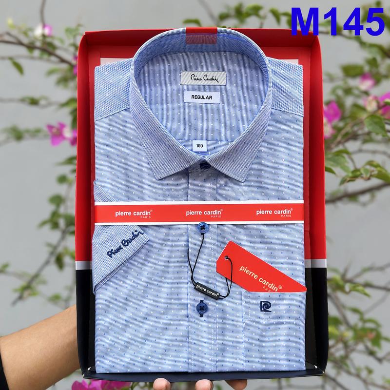 Product Introduction of Áo Sơ Mi Pierre Cardin, Áo Sơ Mi Nam Ngắn Tay Kẻ Caro Xanh Tím Than, Logo Thêu Tinh Tế Cúc Khắc Chữ 25