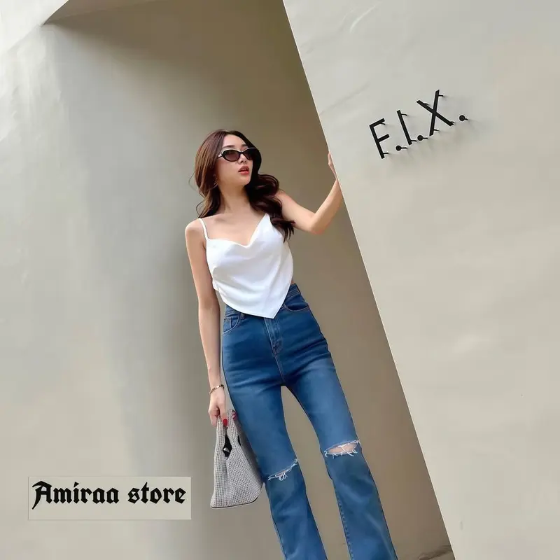 Celana Highwaist Cutbray Jeans Ripped Wanita Stretch Melar 1