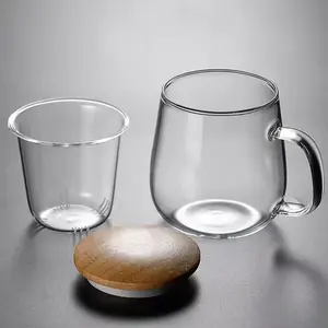Gelas Saringan Kaca 320 420 ml Mug Cangkir Minuman Rempah Teh Herbal Tahan Panas Tutup Kayu