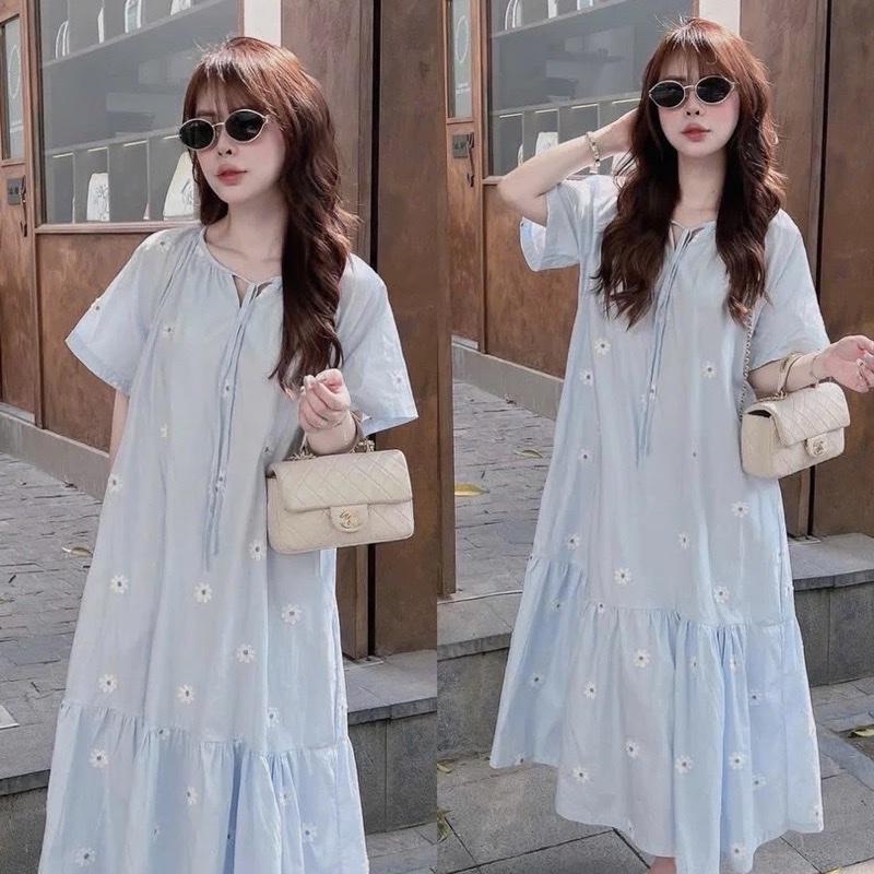 ￼[Mami.closet] Váy Babydoll Hoa Dáng Dài 1 Màu , Váy Hoa Nổi Tk Sang Chảnh cho nữ, bầu mặc được.