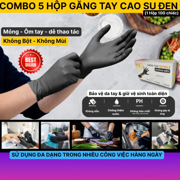 HỘP 500 cái Găng Tay cao su Nitrile ĐEN Không Bột HTA - kháng Hóa Chất Chế Biến Thực Phẩm Nhà Bếp - Nặn Mụn, SPA Thẩm Mỹ Viện, Nhà Hàng - 100 Chiếc/Hộp