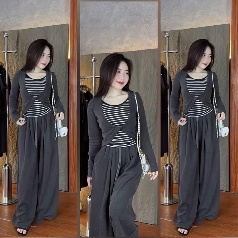  SÉT BỘ NỮ SUÔNG TAY DÀI BIGSIZE XOẮN EO PHỐI SỌC PHỐI QUẦN SUÔNG CHẤT TĂM LẠNH CO GIÃN MẪU MỚI 2023 
