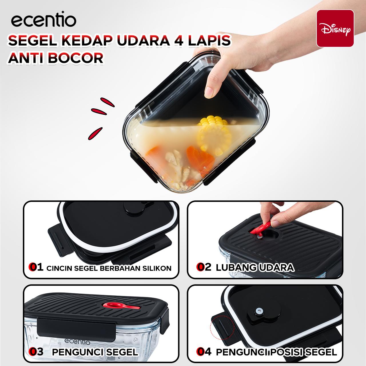 【Live Exclusive】 ecentio Food Container Mickey Mouse 3pcs & Tas Portable,410ml+700ml+1050ml Toples Kaca Mudah Dibersihkan,Tas Penyimpanan Portabel Kapasitas Besar,Cocok untuk bekal makanan