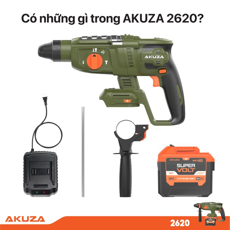  AKUZA Khoan Bê Tông 2620 Pin 20 Cell Cao Cấp Lực Đập 3,5J Tốc Độ 1150 RPM Đầu Kẹp SDS Plus Bảo Hành 12 Tháng 