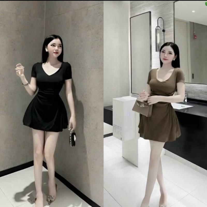 A25 Đầm nữ tay ngắn cổ tim nhúng eo váy body tay ngắn dáng xoè chiết eo tôn dáng size dưới 53kg