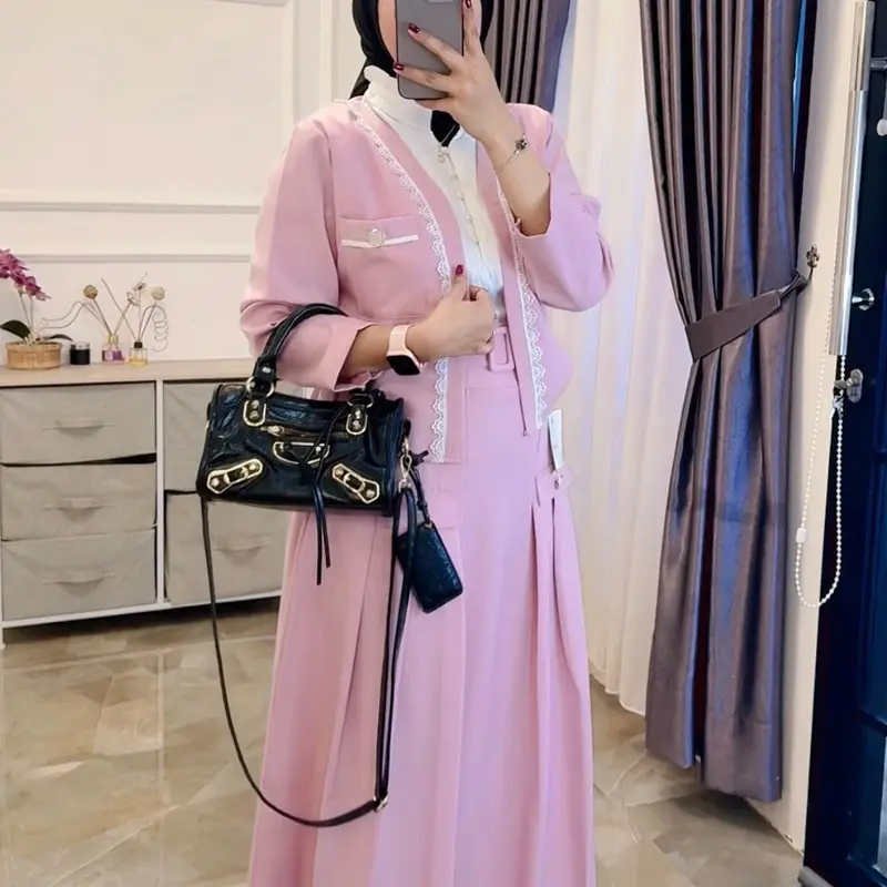 Setelan Ardila Salur one set 2in1 pakaian wanita setalan rok aline motif Linen Muslim Mewah Panjang Kondangan Cantik Casual Tebal Formal Remaja 5