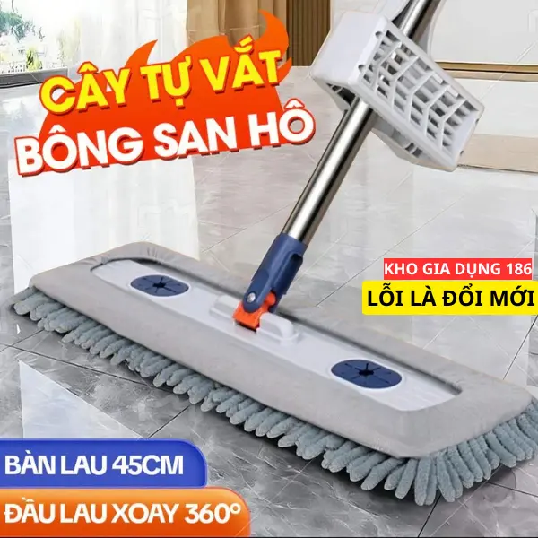 Cây Chổi Lau Nhà Tự Vắt Bông SAN HÔ 45cm, Chổi Lau Nhà Thông Minh Xoay 360 độ thông minh