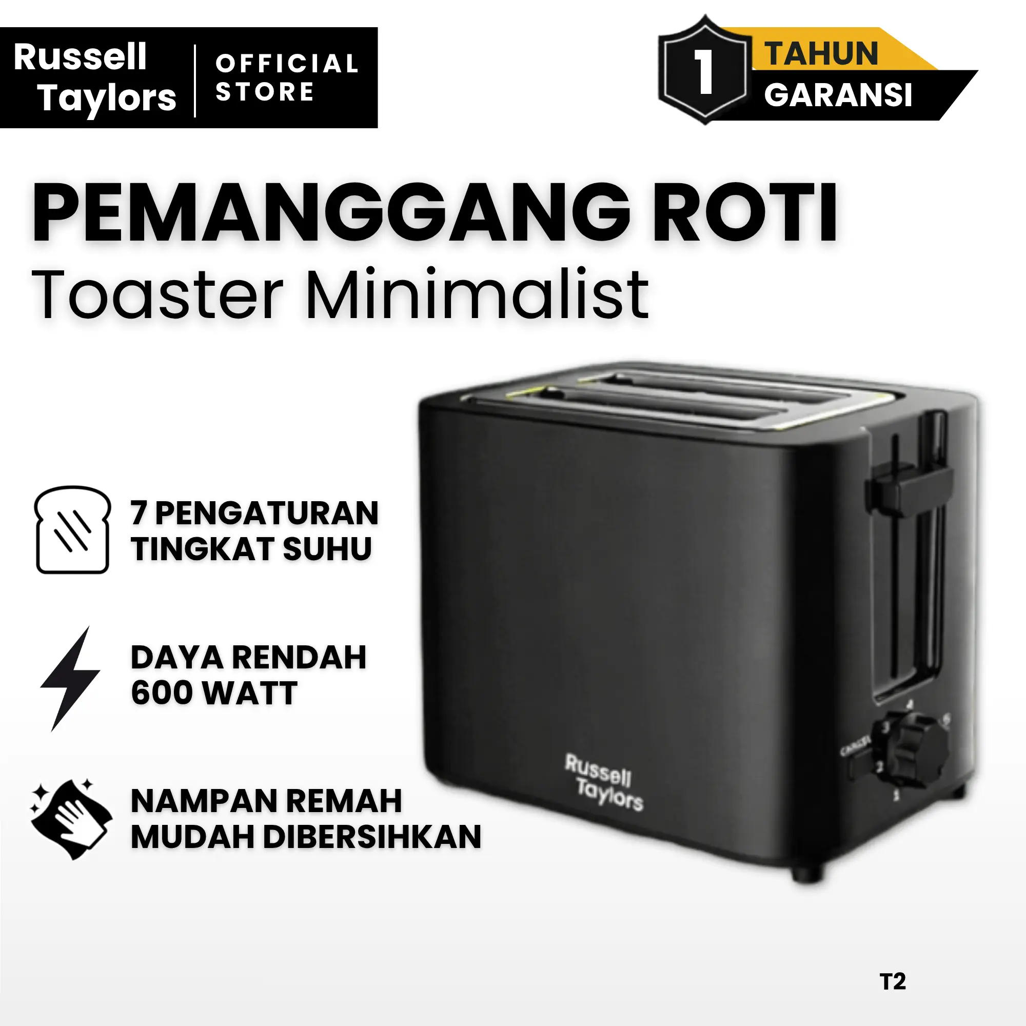 Russell Taylors T2 Toaster Pemanggang Roti 7 Pengaturan Kematangan low watt Garansi Resmi 1Tahun