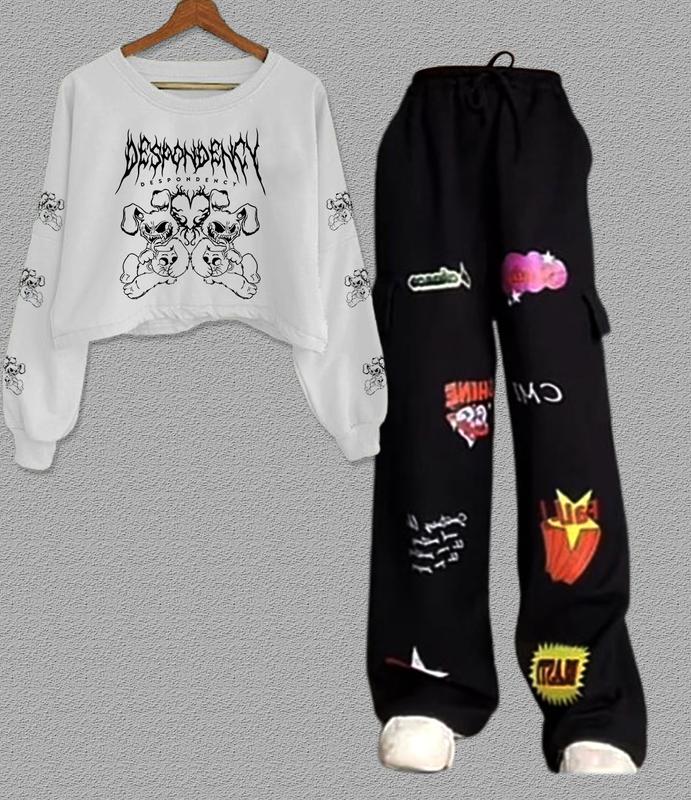 ONE SET DESPONDENCY SWEATER CROP+ CARGO BLAST WANITA SET TERBARU Crop Top Lengan Tangan Panjang Motif Sablon Keren Stylish Modern Celana Setelan Cewek Bahan Flecee Linen Topi 1