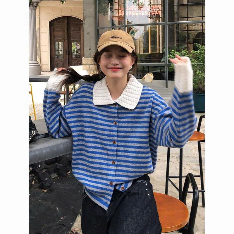 Hàng QC Loại 1 Áo Khoác Cardigan Kẻ Ngang Nhỏ Len Gân Cổ Bẻ Full Kẻ Áo Form Dáng Suông Thiết Kế Thoải Mái Khi Mặc Cho Chị Em Cam Closet Nữ áo cardigan