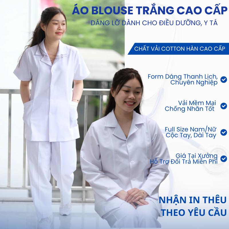 Áo Blouse Trắng Trơn CAO CẤP dáng lỡ, Chất Liệu Cotton Hàn, Áo Blouse Y Tế Dành Cho Nam/Nữ Y Tá, Điều Dưỡng, Dược Sĩ