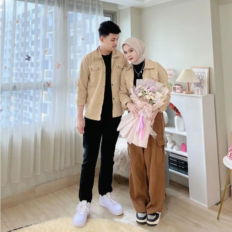 Couple Set - Kemeja Couple Sudah 2 Pcs - Baju Couple Pria Wanita Korean Style Canvas Regular wanita l viola silver Panjang Pasangan
