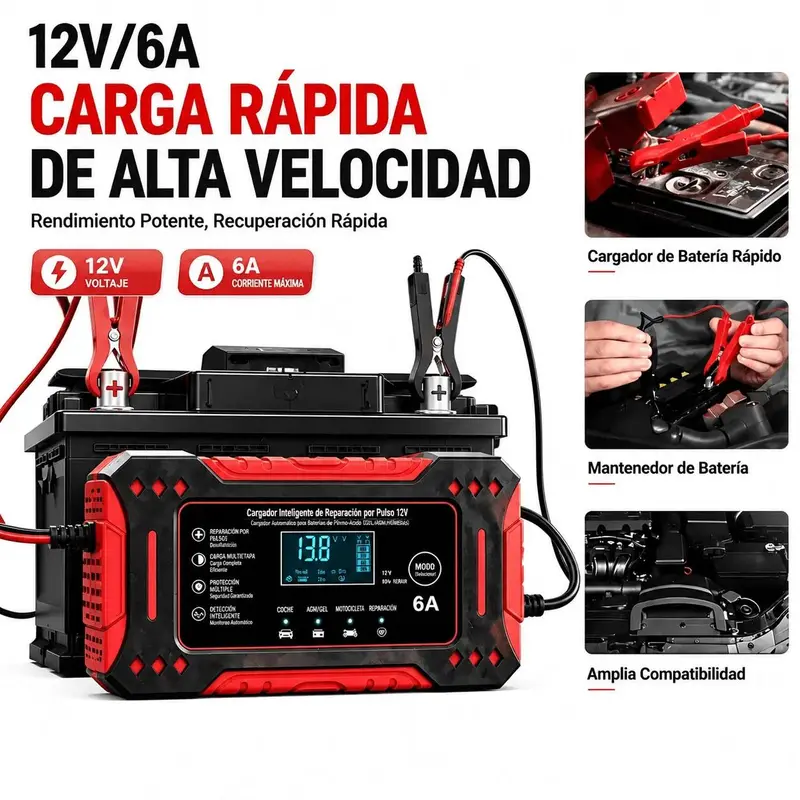 Cargador Inteligente 12V 6A Reparador de Baterías por Pulso, Carga Rápida con Pantalla Digital, Ajuste Automático Invierno-Verano, Protección Total para Auto, Moto, SUV, ATV y RV, Fácil Operación 110-220V - Foto 5