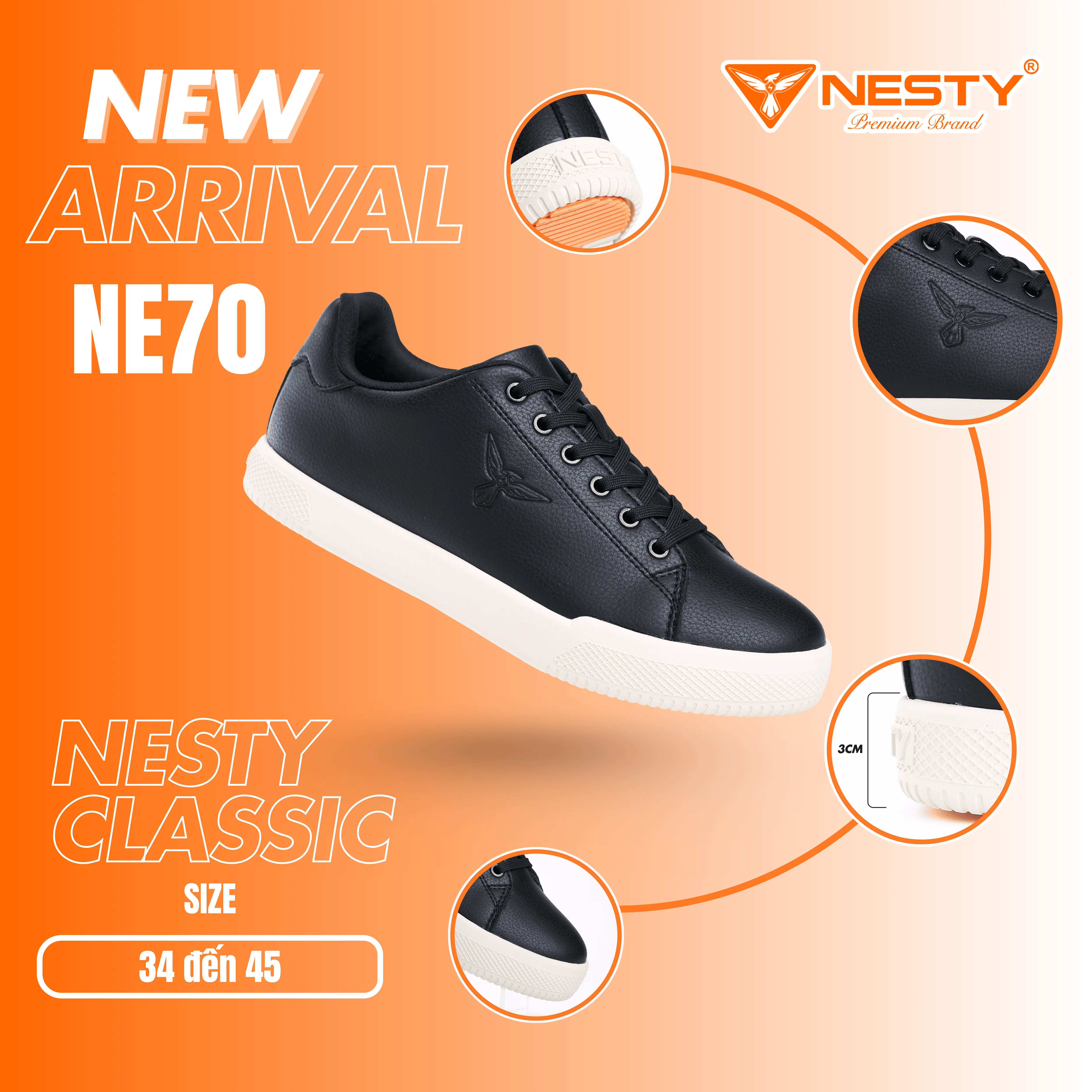 [NE70] – Giày Sneaker Nam Nữ NESTY Classic | Giày Đen Trắng Basic – Đế Êm Nhẹ [KO1]