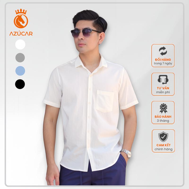 Sơ Mi Đũi Ngắn tay Nam AZÚCAR Mát mẻ lịch sự và siêu thoải mái Áo Menswear Cổ Tròn Shirt Đen somidep