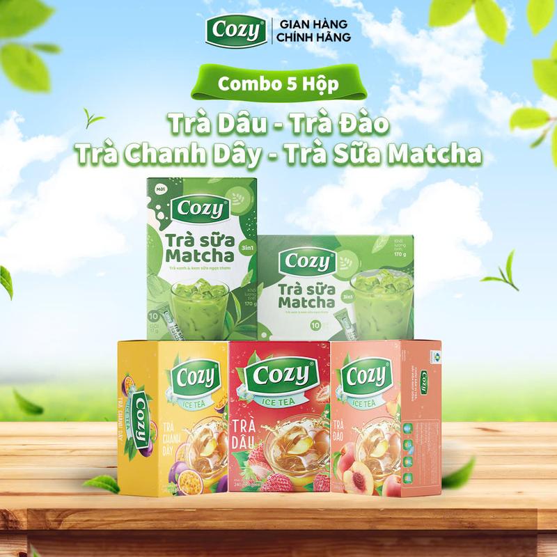 [COMBO 5] Trà Hòa Tan Cozy Tea: Trà Đào, Dâu, Chanh Dây, 2 Hộp Trà Sữa Matcha Thức Uống Giải Khát Và Giải Nhiệt Thơm Ngon Dùng Trong pha Chế Cho Mùa Hè, Trà Tươi Sạch Nguyên Chất