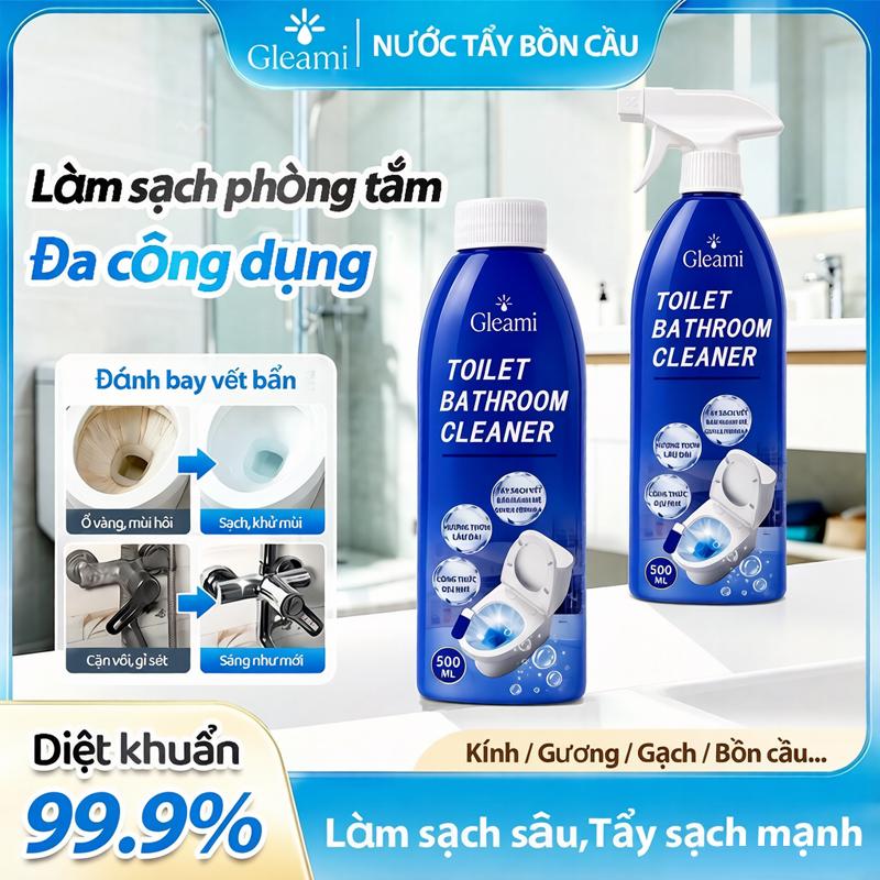 Nước tẩy rửa nhà tắm Gleami 500ml, loại bỏ vết bẩn bồn cầu, cặn vôi, vết nước, diệt khuẩn, khử mùi, hương thơm tự nhiên, tặng kèm bàn chải, phù hợp sử dụng trong gia đình