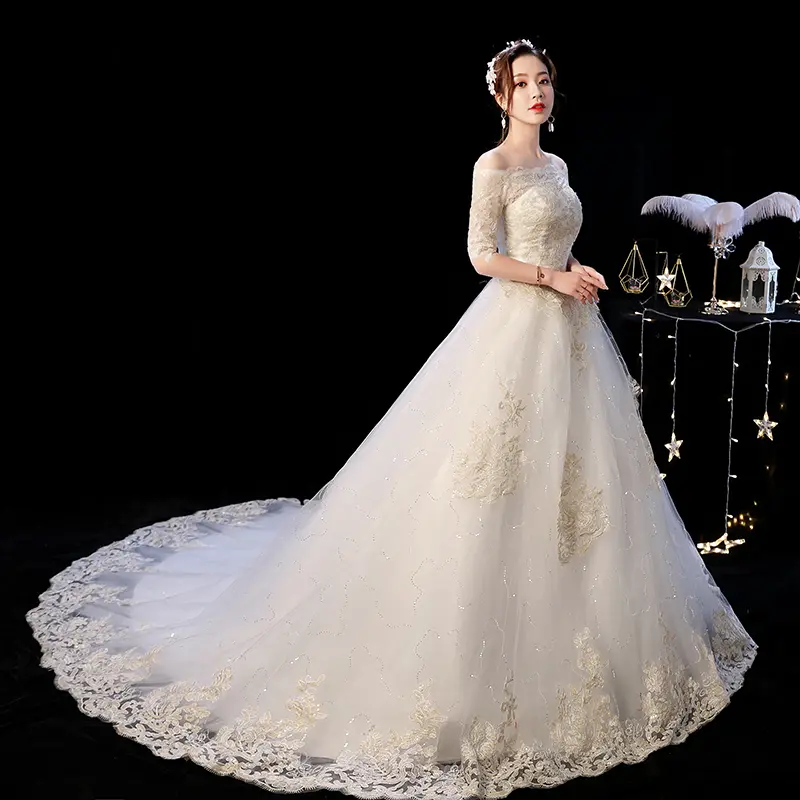 Wanita Maxi gaun pengantin dari renda putih pesta pernikahan Ekor Panjang Short Sleeve Long Tail Women White Lace Wedding Dresses Maxi Bride Gown 0